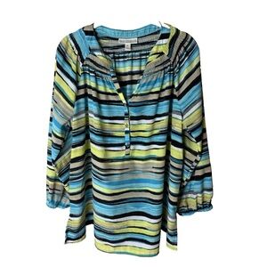 Dana Buchman Blouse Size XL Top 3/4 Sleeves Stripes Black Blue Tan Yellow White